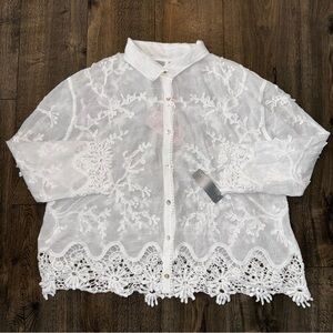 Fox’s Women’s Chiffon Embroidered Sheer Lace Button Down Top Crochet White Boho